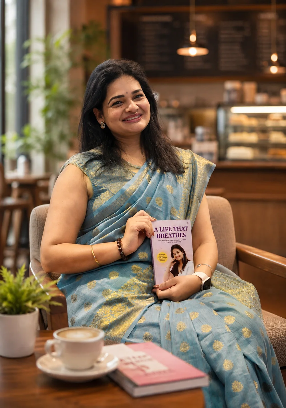 Anu Taksali holding her book, A Life That Breathes